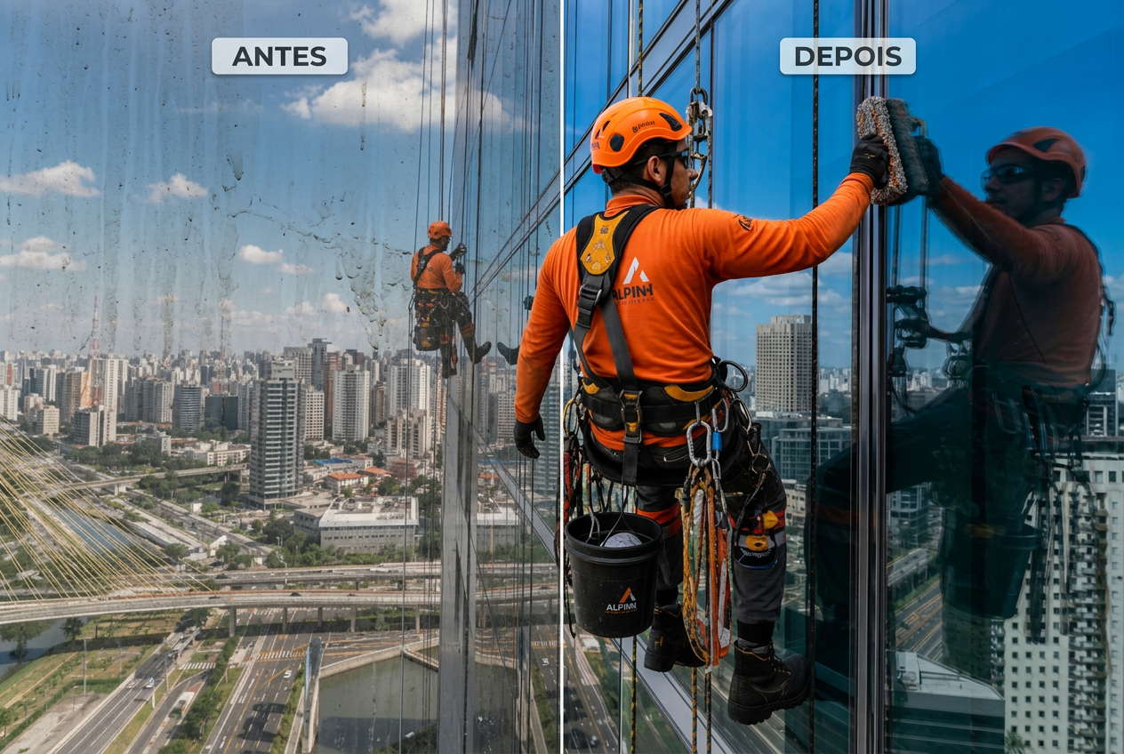 Antes e depois da limpeza de fachada: profissionais de alpinismo industrial lavando vidros de prédio em altura